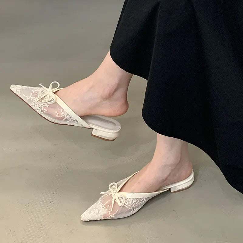Butterfly-Knot Mesh Flats Slippers Mules Shoes Slides Pointed Toe Flats Sandals Shoes