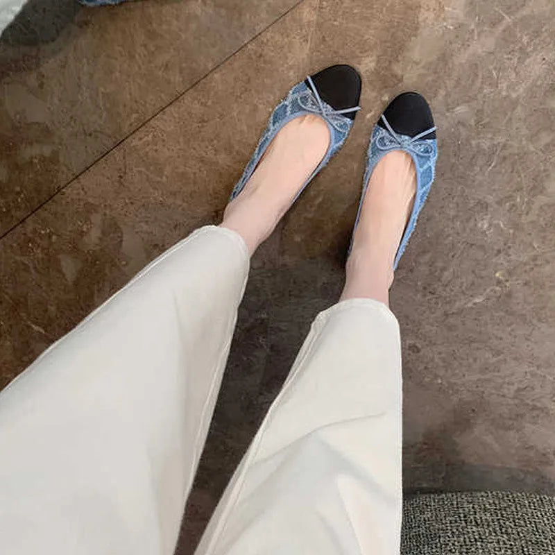 Blue jeans bow flat shoes woman round toe cloth patchwork flats plaid sewing moccasins denim loafers