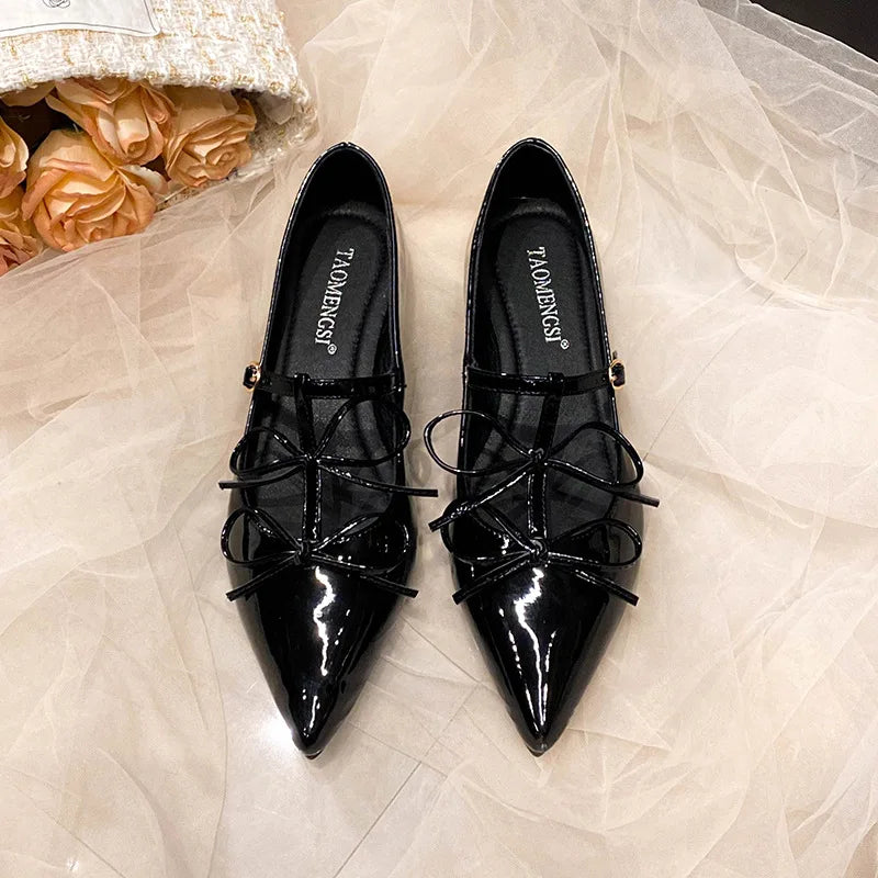 T-strap flats double bowtie ankle strap party shoes woman pointed toe cutout mary janes japanned leather loafers