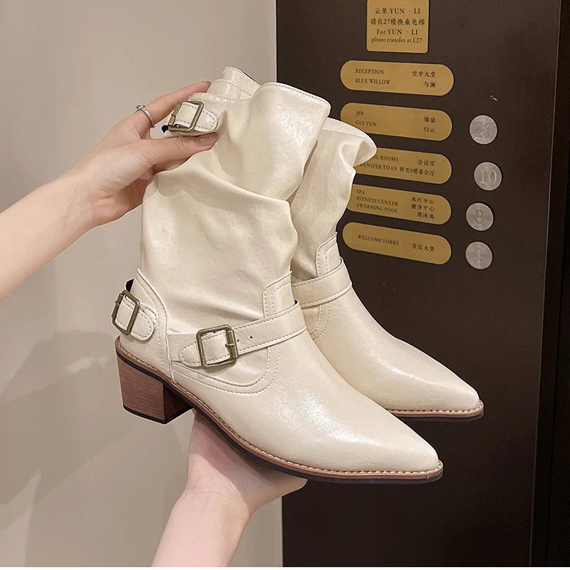 Western Cowboy Boots Vintage Slip On Thick Heel Shoes Mid Calf Botas Zapatos De Mujer
