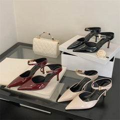 Patent Leather Pointed Toe Buckle Strap Slippers Thin Heels Wedding Dress Mule Shoes