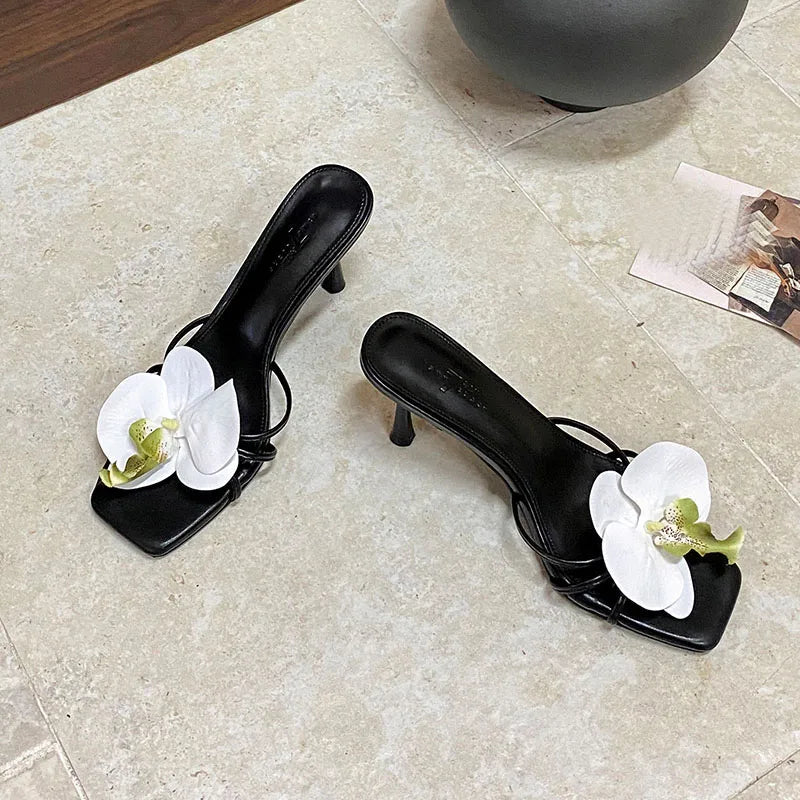 Slip Square Toe High Heels Pumps Slides Shoes Flower Thin Heels Shoes 2025
