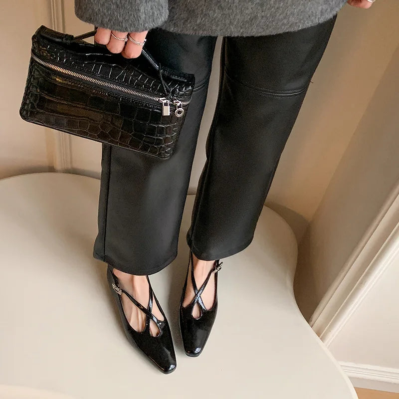 Retro Round Toe Cross Water Diamond With Casual Coarse Heel Mary Jane Shoes French Single Shoes