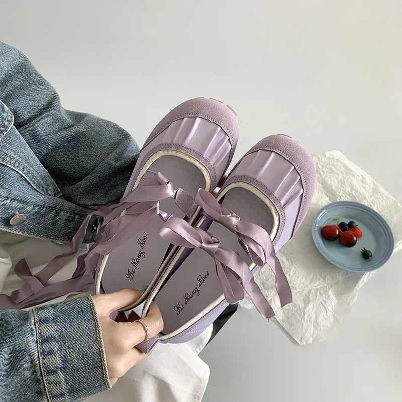 Round Toe Bow Flats Loafers Outdoor Slip on Soft Bottom Mary Jane Shoes Casual Ballerina Shoes