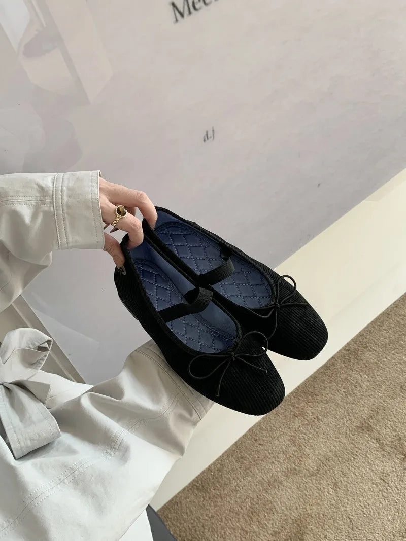 Sweet Butterfly Knot Stripe Design Mary Jane Shoes Comfortable Suede Elastic Band Casual Flats Elegant Brand Shoe