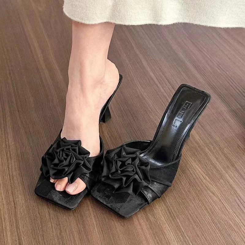 Shoes Woman Low Loafers Slippers Mules Cover Toe Slides Flower Pointed Fabric Rubbe