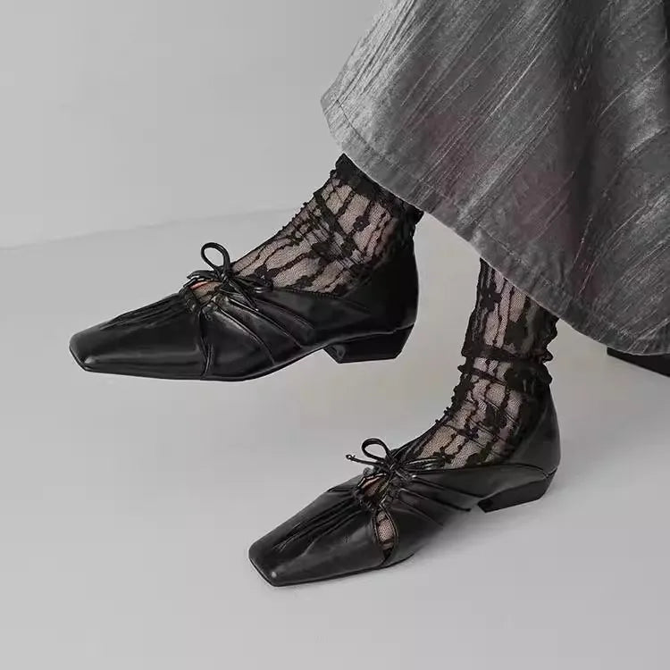 Pleated Hollow Mary Jane Style Shoes with Bow Design Flat Shoes Square Toe Casual Comfortable Outdoors Shoes Fashion
