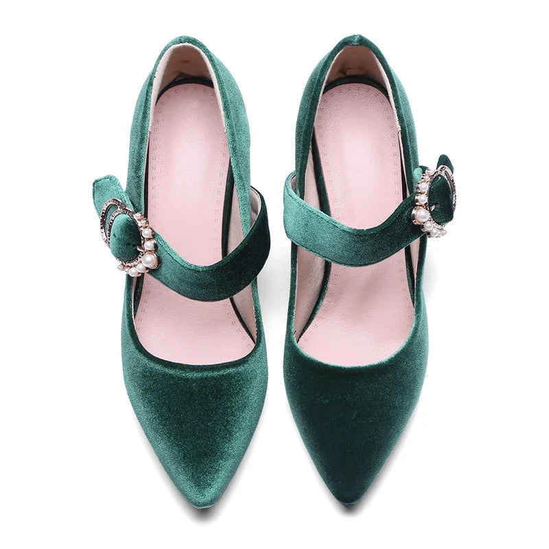 Velvet Mary Jane Shoes Pearls Buckle High-heeled Velour Green Burgundy Pumps Office Banquet Party 33-43
