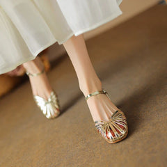 Split Leather Round Toe Chunky Heel Shoes Narrow Band Shoes
