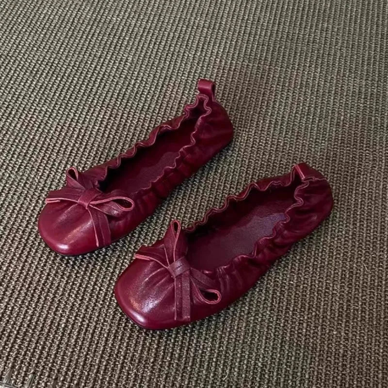 Red Bow Pleated Design Brand Ballet Flat Shoes Retro Round Toe Shallow Mary Jane Shoes Comfortable Moccasin