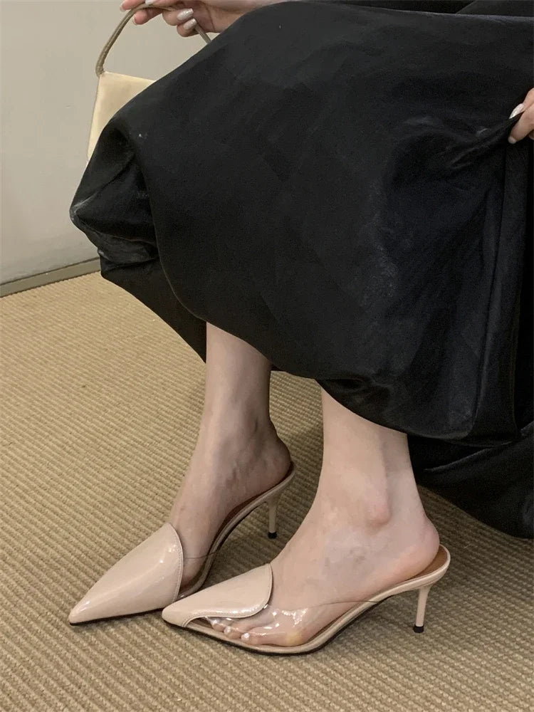 PVC Transparent Thin High Heels Slipper Pointed Toe Stripper Party Mule Slides Shoes Zapatos De Muje