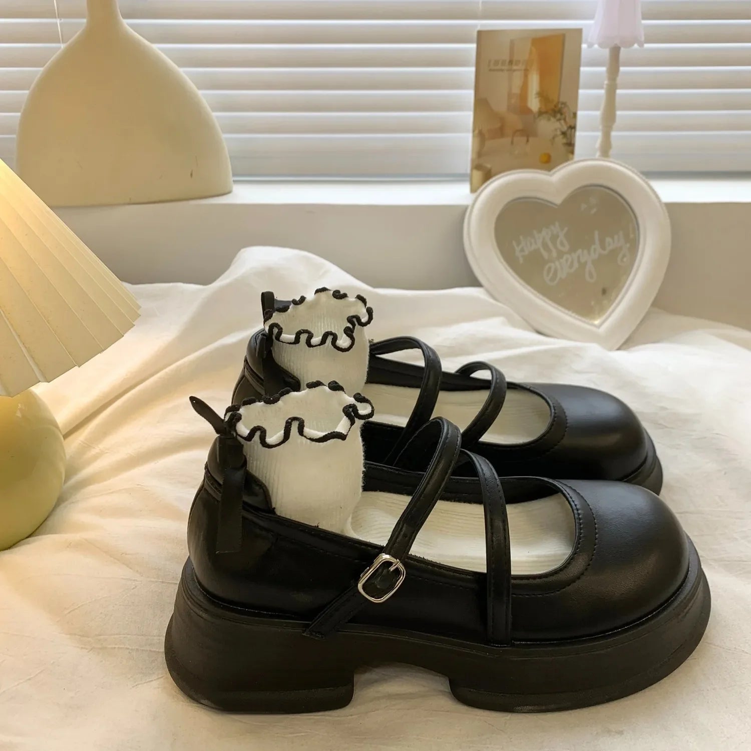 Leather Mary Jane Shoes Japanese Style Lolita Round Toe High on Platform Footwear Black Gothic Vulcanized
