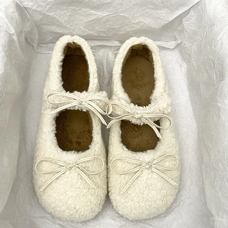 Elegant Ballet Loafer Flat Shoes Flats Loafers Fur Round Toe Brand Design Teddy Outdoor Shoes