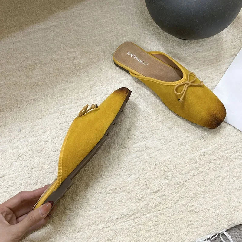 Mixed Color Bow Satin Square Toe Flat Slippers Comfortable Casual Shallow Elegant Mule Shoes Zapatillas De Mujer