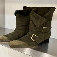 Genuine Leather Butterfly Knot Wrapped Strap Short Ankle Boots Polished Color Distressed Flat Bottomed Bare Shoes