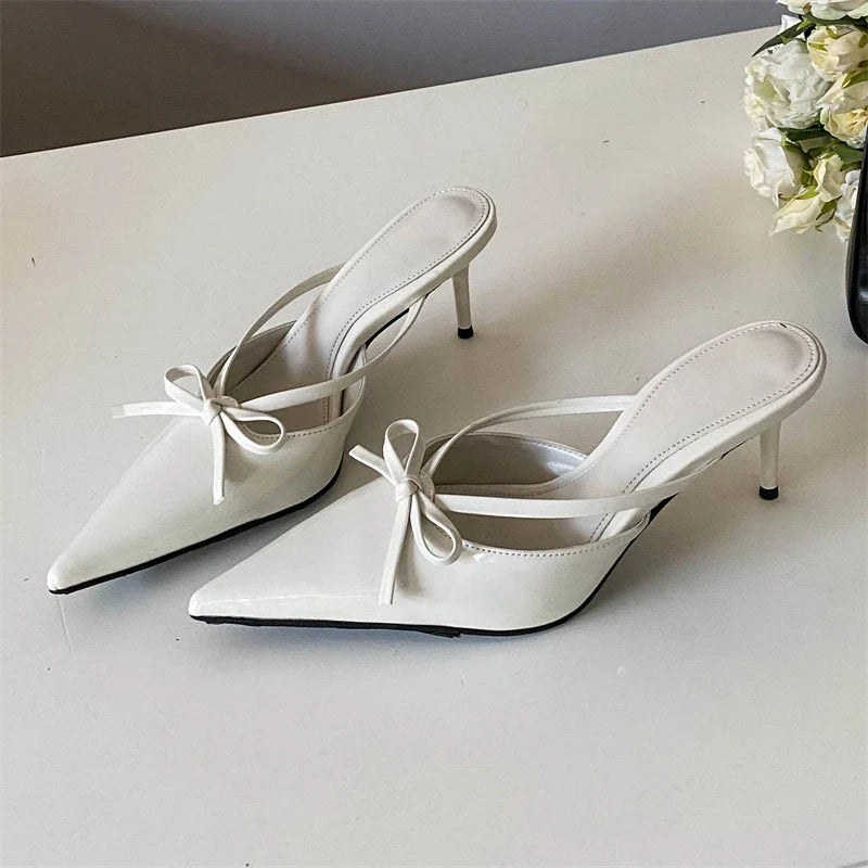 Silver White Butterfly-knot Pointed Toe Slippers Shoes Elegant Party Dress Thin Heels Sandals