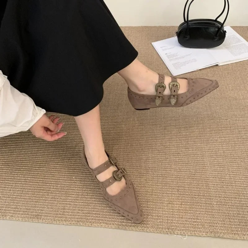 Rivets Pointed Toe Mary Jane Shoes High Quality Double Belt Buckle Design British Style Casual Flat Shoes