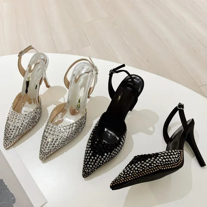 Rhinestones Pointed Toe Thin High Heels Hollow Buckle Brand Sandals Banquet Party Shoes