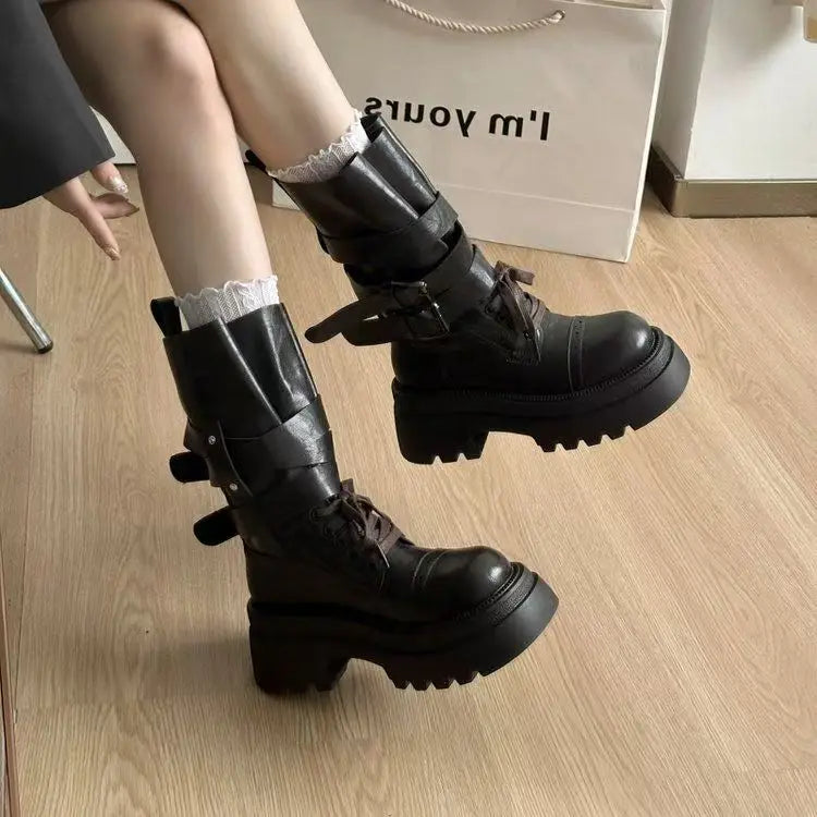 Mid Calf Boots Flats Platform Shoes Lace Up Woman Buckle Chelsea Boots Sport Walking Shoes