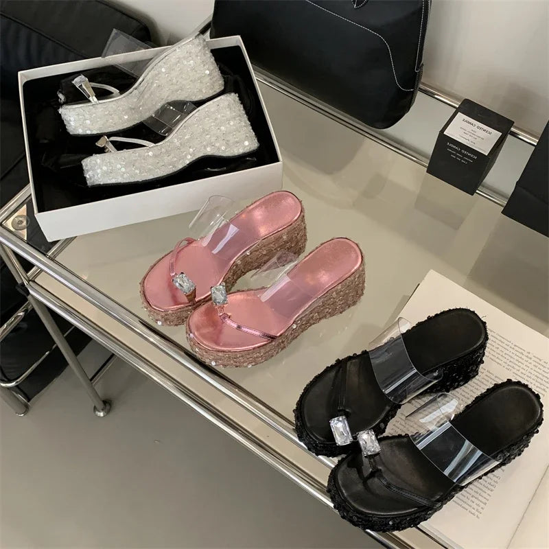 Crystal Sequin Cloth Platform Wedge Slippers Street Style Clip Toe High Heels Banquet Shoes