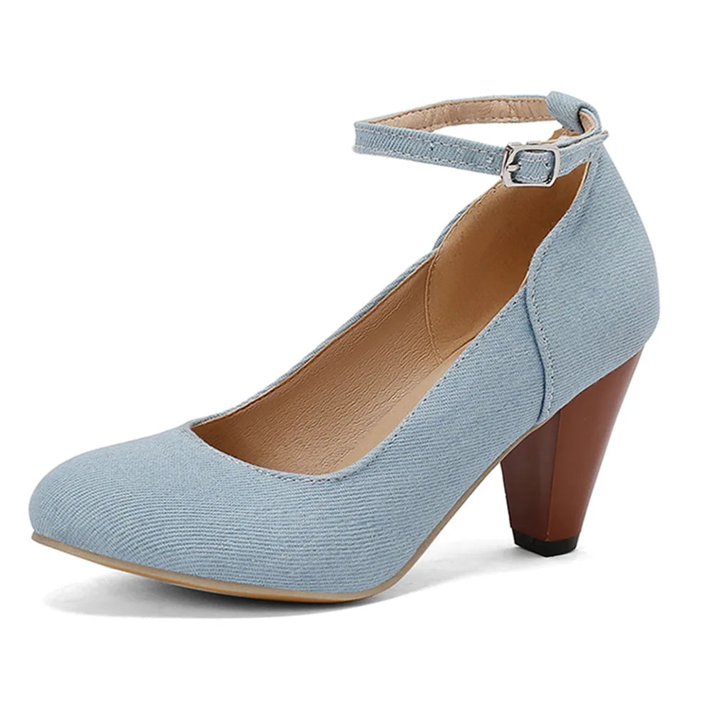 Plus Size 48 Brand Round Toe Chunky Heel Pumps Elegant Bow Buckle Solid Party Shoes