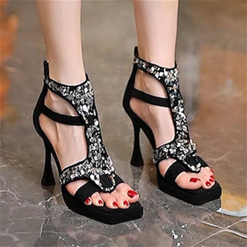 Bling High Heels Dance Shoes Square Toe Open Toe Shoes Brand Party Dress Stiletto Shoes
