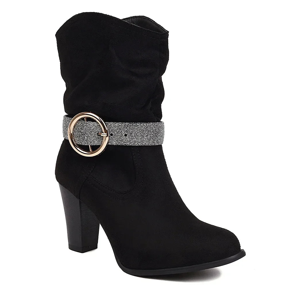Pointed Toe Square Root Mid-Calf Boots Shiny Buckle Party Shoes Woman
