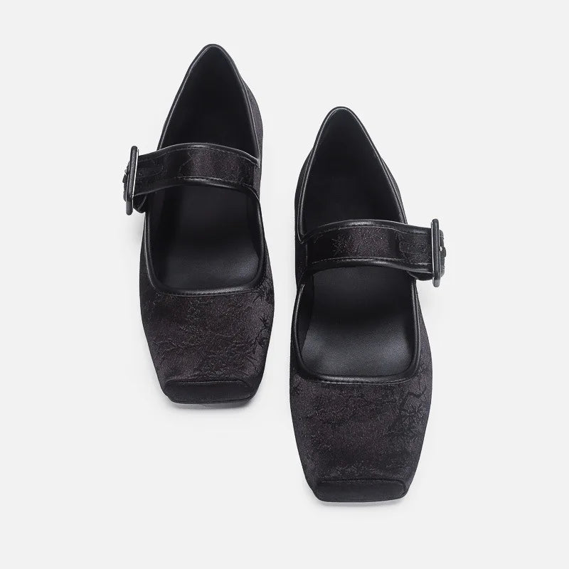 Silk Embroidery Ballerinas Woman Pig Toe Flats Shoes Belt Buckle Silky Mary Janes Wedding Brides Ballets Loafers