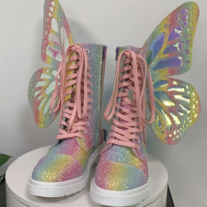 Shine Silver Real Leather Flat Sneakers Butterfly Wings Shoes Lace Up Ankle Boots High-top Leisure Platform Shoes