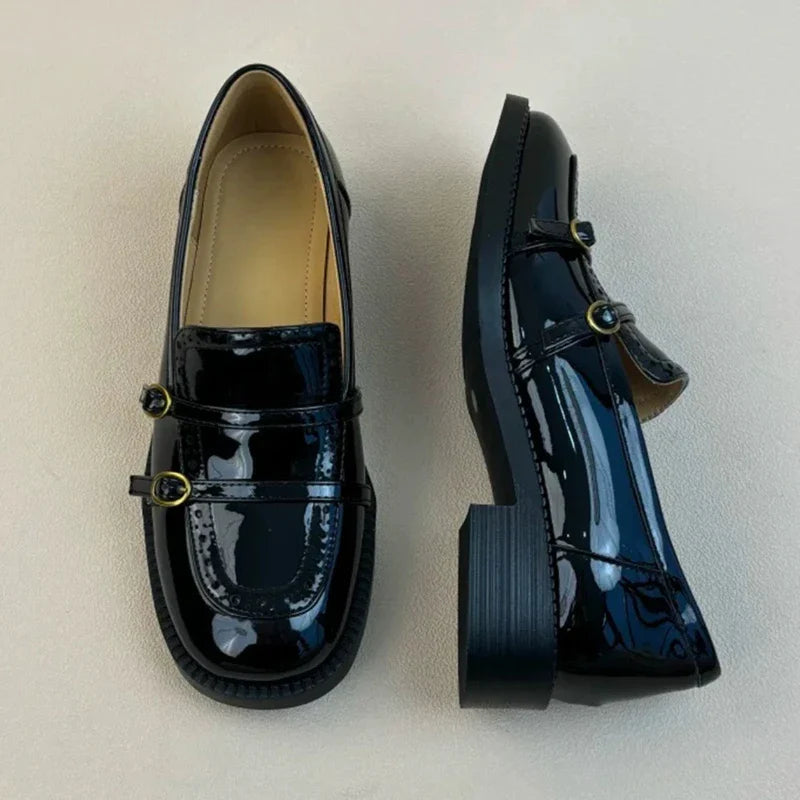 High Quality Patent Leather Loafers Double Narrow Band Buckle Shoes Retro British Style Zapatos De Mujer
