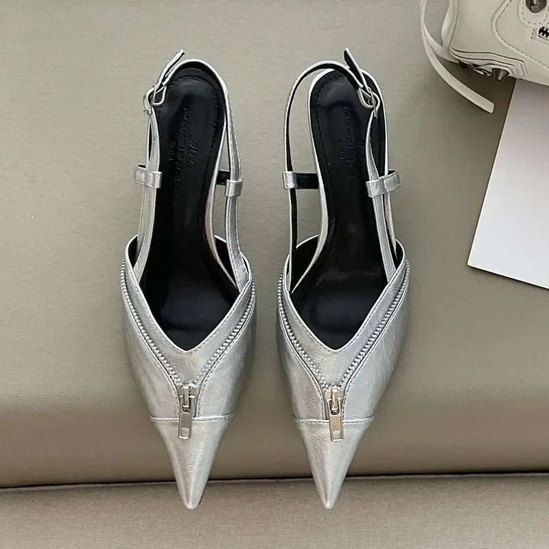 Pointed Toe Mules Pump Zip Design Slingbacks High Heels Footwear Elegant Brand Shoes
