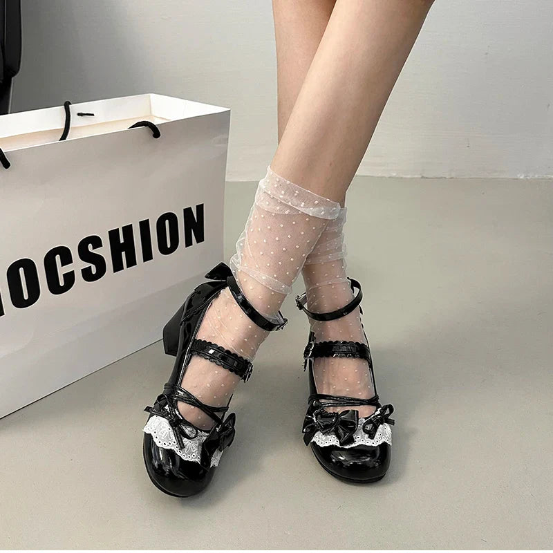 Butterfly-knot Lolita Mary Jane Shoes Elegant Round Toe Thick Heel Shoes Dress Pumps