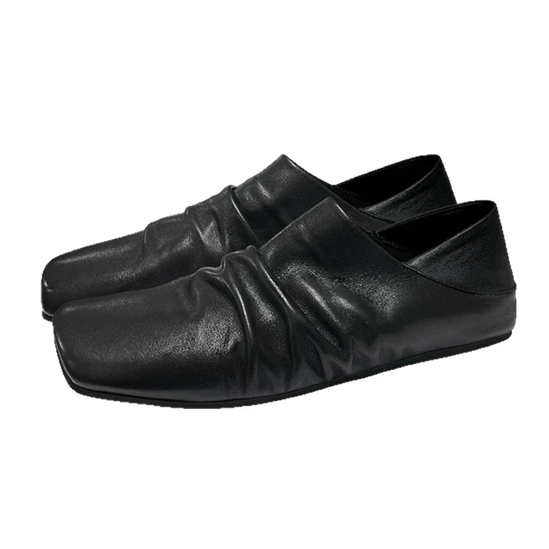 Pleated Leather Flat Mules Shoes Woman High Quality Squared Toe Slippers Comfort Outdoor Casual Flats