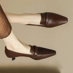 French retro temperament low-heeled shoes leather pointed high heels small leather shoes large size 43