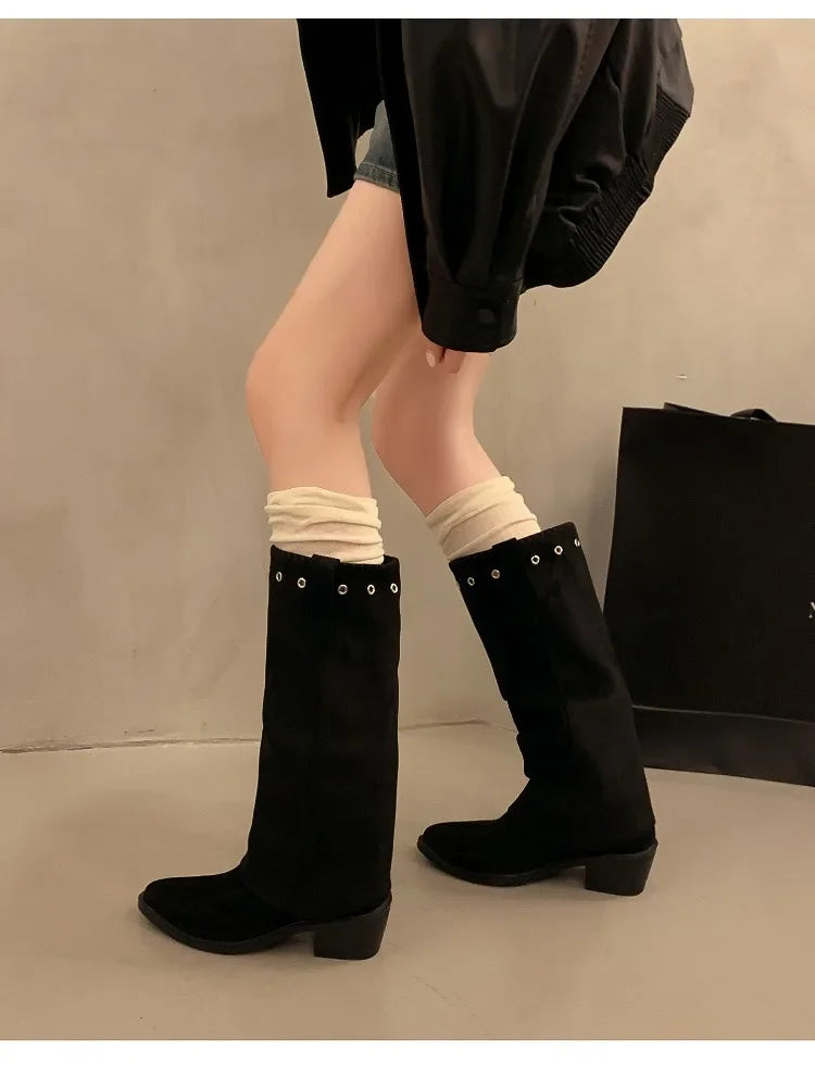 Vintage Thick Heel Western Cowboy Boots Button Combination Splicing Shoes Pipe Long Booties