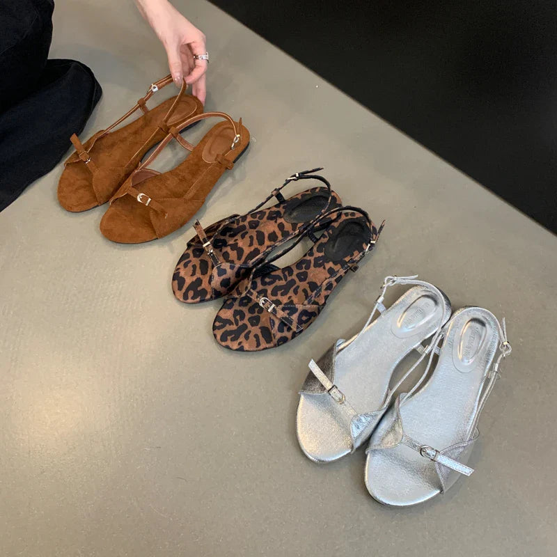 Silver Sandals Flats Brown Belt Buckle Shoes Flats Sandal Comforts Sandalias De Mujer