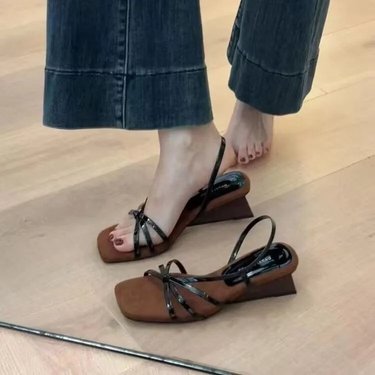 Kitten High Heels Open Toe Sandals Cross Narrow Band Low Slippers Stylish Comfortable Multi-work Shoes Flat Heels
