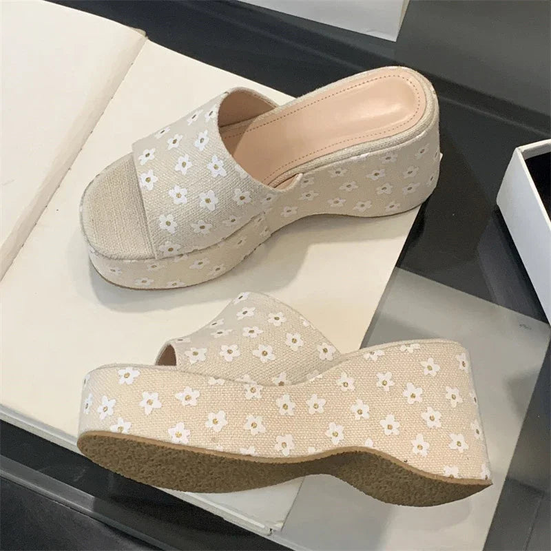 Flower Platform Wedges Woman Slippers Open Toe Chunky High Heels Slides Shoes