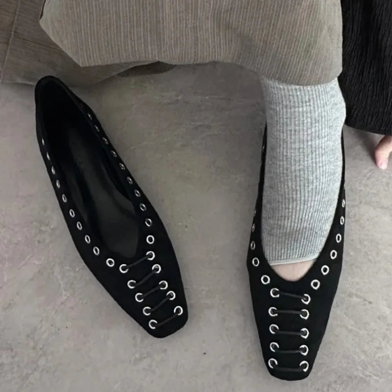 High Quality Faux Suede Flat Mary Jane Shoes Rivets Lace Up Brand Shoes Comfortable Soft Sole Office Shoe