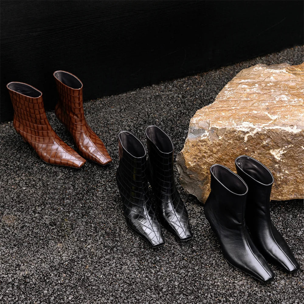 Stone Pattern Leather High Heels Short Shoes Office Lady Party Dancing Shoes Ankle Boots