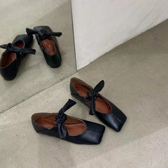 Square Toe Lace-up Shiny Mary Jane Flats Stylish French Flat Silver Shallow One-strap Shoes