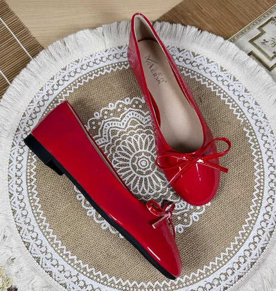 Round Toe Ballet Flats Spongy Bottom Hot Italian Shoes Patent Leather Classic Bow-Knot Dressing Slip-On 34 48 47
