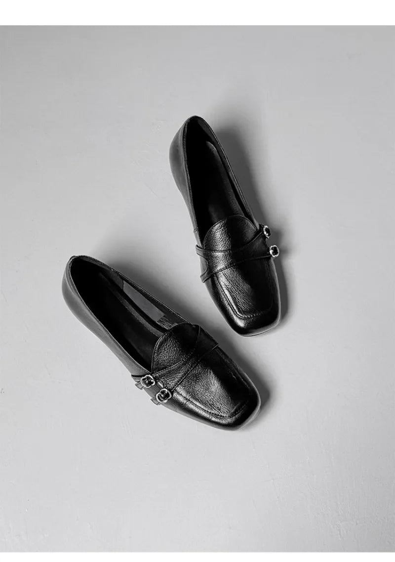 Elegant Burgundy Square Toe Loafers Metal Buckle Stitching Shoes Comfortable Commuting Flat Office Shoes