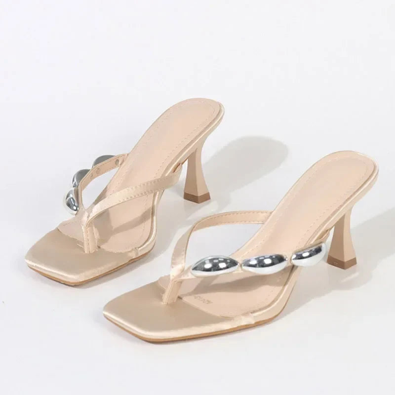 Metal Narrow Band Flip Flops Slippers Party Low Heels Gladiator Slide Sandals Mules Shoes