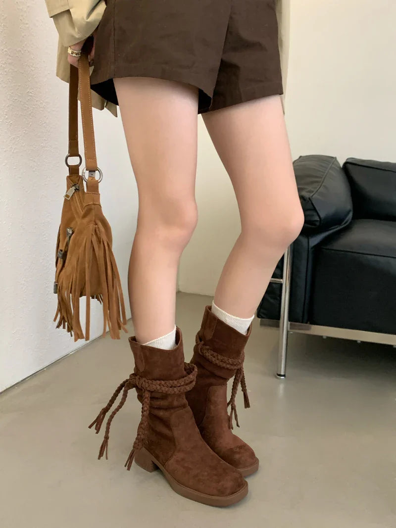 Brown Suede Boots Woman Round Toe Chunky Heels Boots Fall Black Rocks Shoes Botas Western Cowboy Feminina
