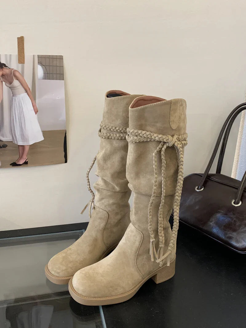 Brown Suede Boots Woman Round Toe Fall Gothic Shoes Chunky Heels Knee High Boots Western Style Shoes