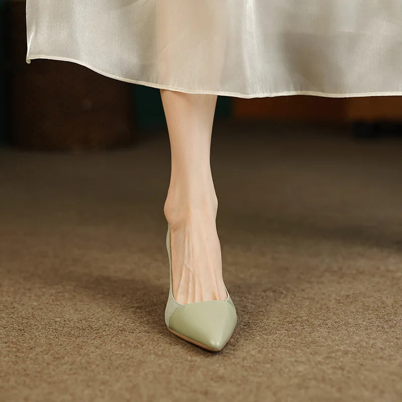 Splicing Shallow Mouth Single Shoes French Pointed Toe Temperament High Heels