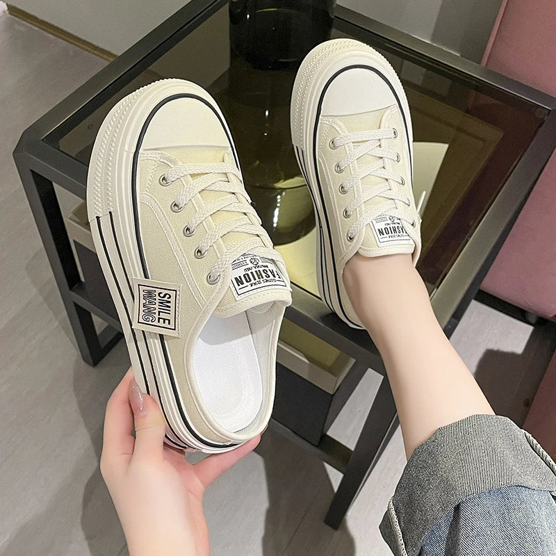 Canvas Platform Wedge Thick Slippers Lace Up Chunky Sneaker Casual Comfy High Brand Breathable Heightening Shoes