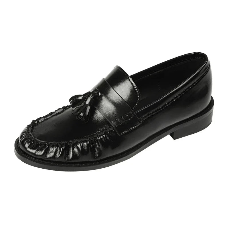 Black Patent Leather Chunky Heel Loafers Pleated Fringe Sewing Shoes Comfortable Soft Leather Zapatos De Mujer