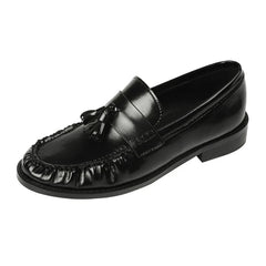 Black Patent Leather Chunky Heel Loafers Pleated Fringe Sewing Shoes Comfortable Soft Leather Zapatos De Mujer